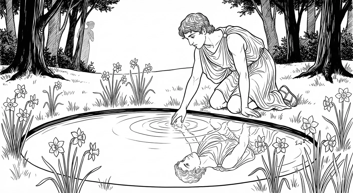 Narcissus at the pool, transfixed by his own reflection. The narcissus flowers blooming at the water