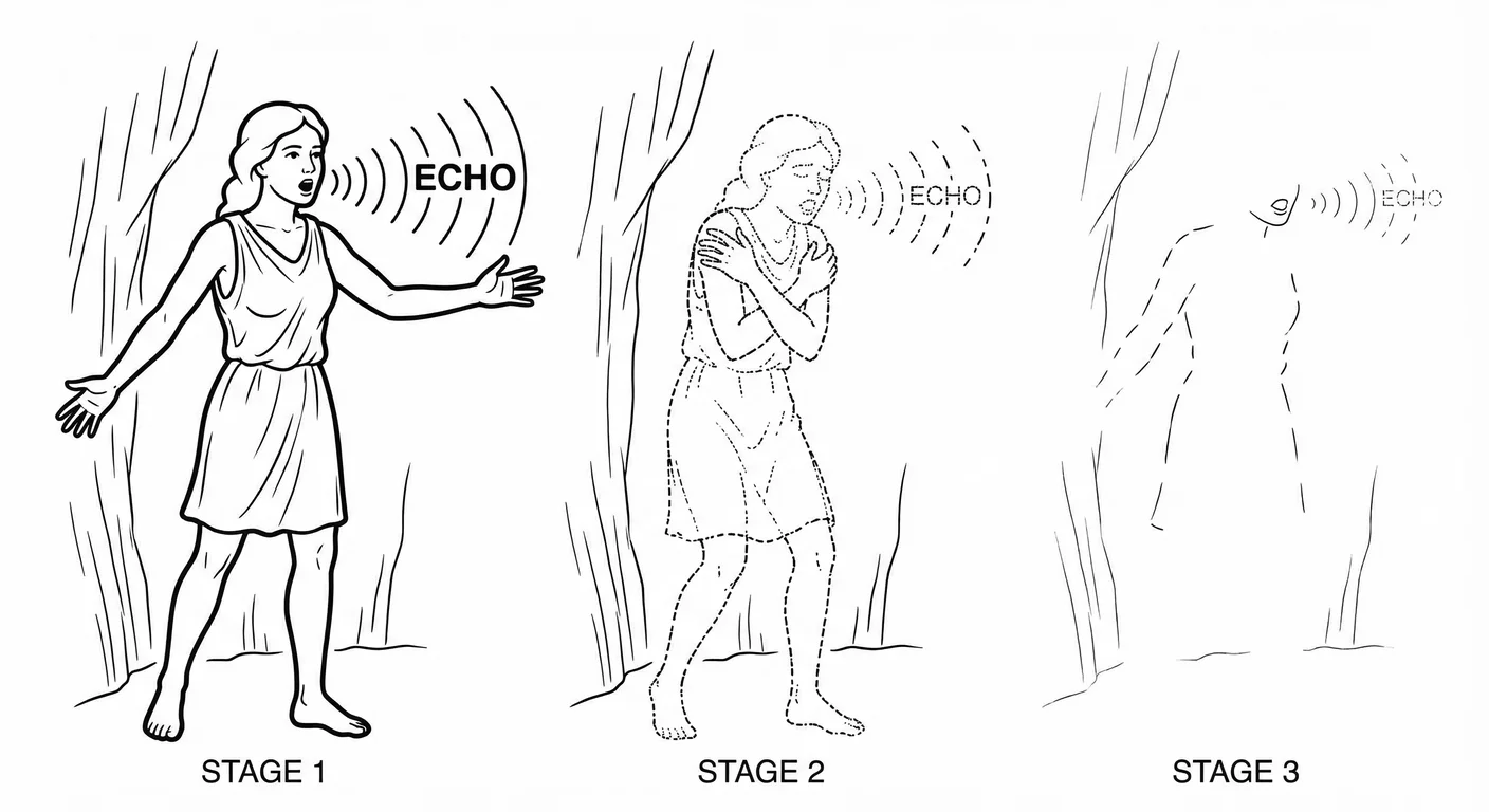 Echo's dissolution in three stages: from solid self with outstretched arms and clear voice, to trans