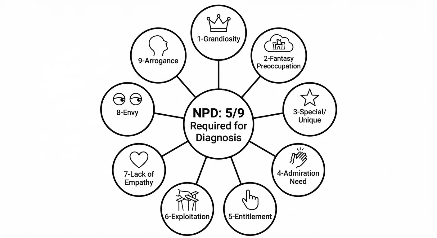 The nine DSM-5 criteria for Narcissistic Personality Disorder. Five of nine must be present for diag