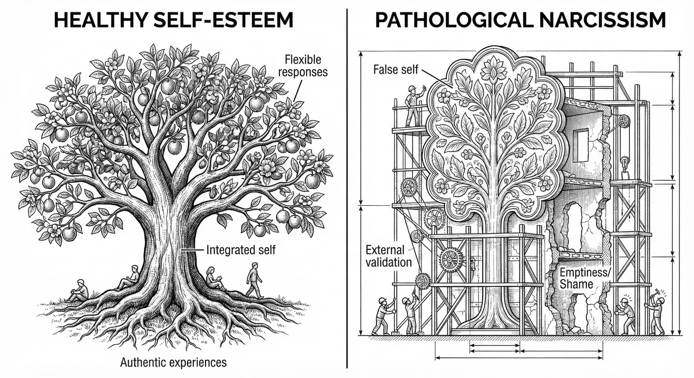 Healthy self-esteem versus pathological narcissism. Left: a sturdy tree with deep roots in authentic