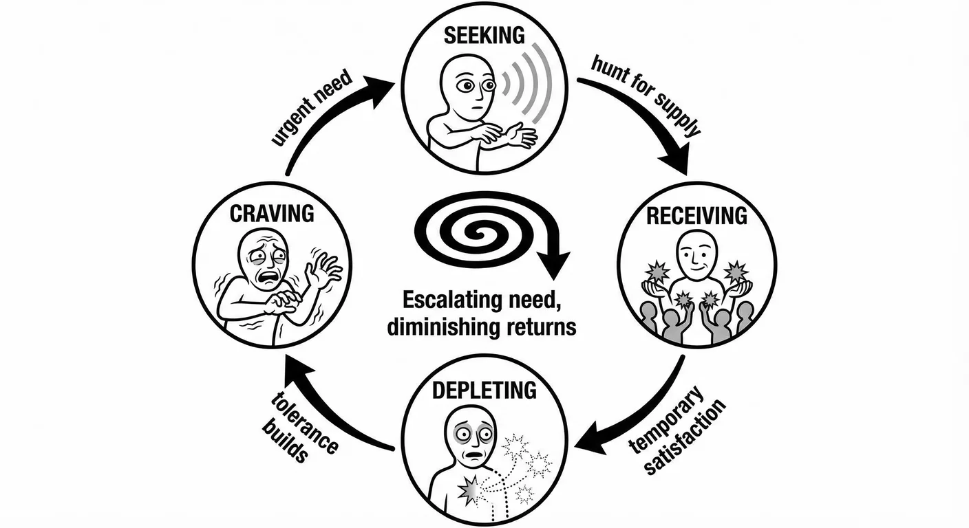 The narcissistic supply cycle: seeking, receiving, depleting, craving. The central spiral represents