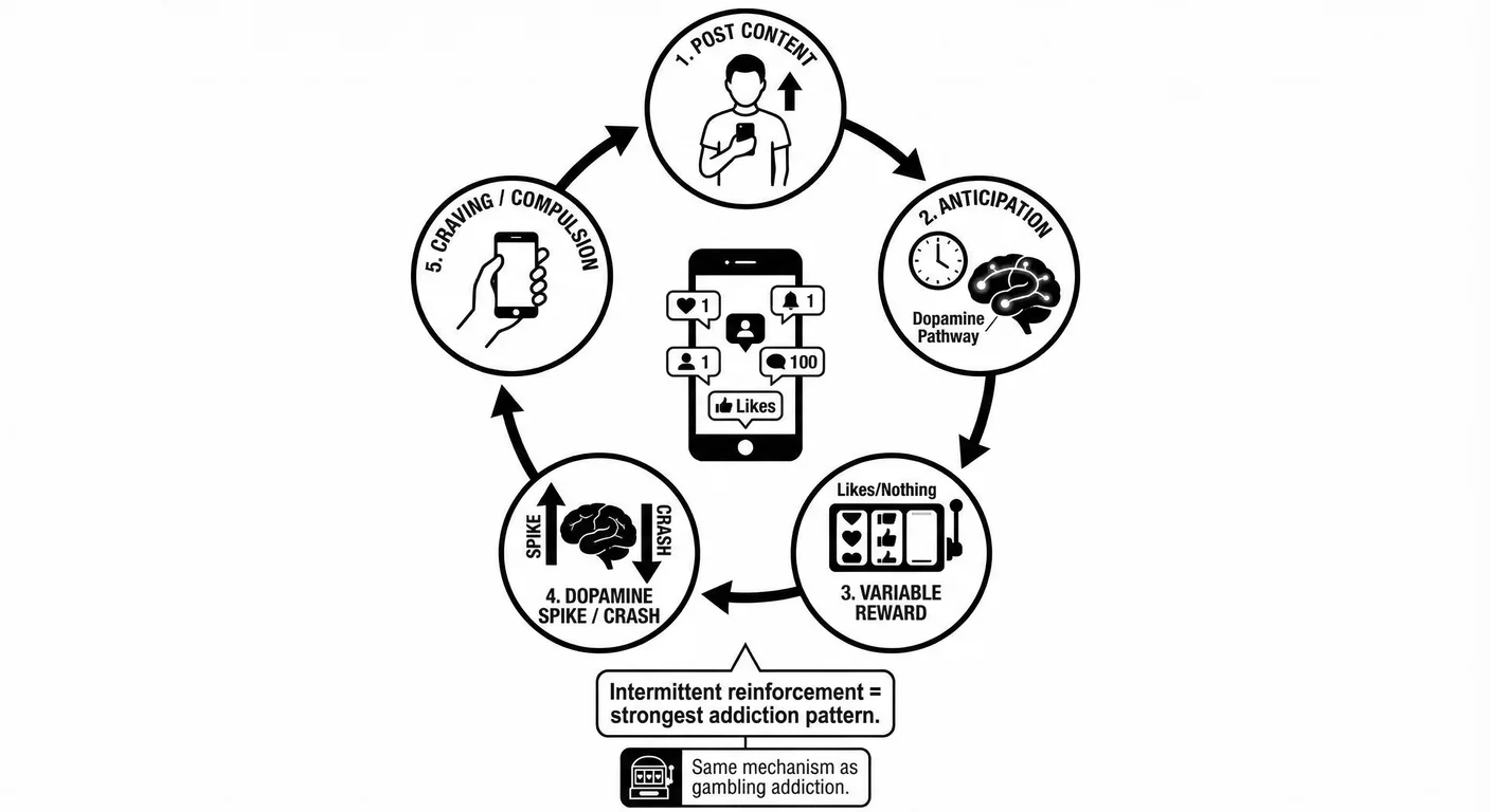 Digital Dopamine Loop: The Addiction Cycle. Social media platforms engineer addiction through a care