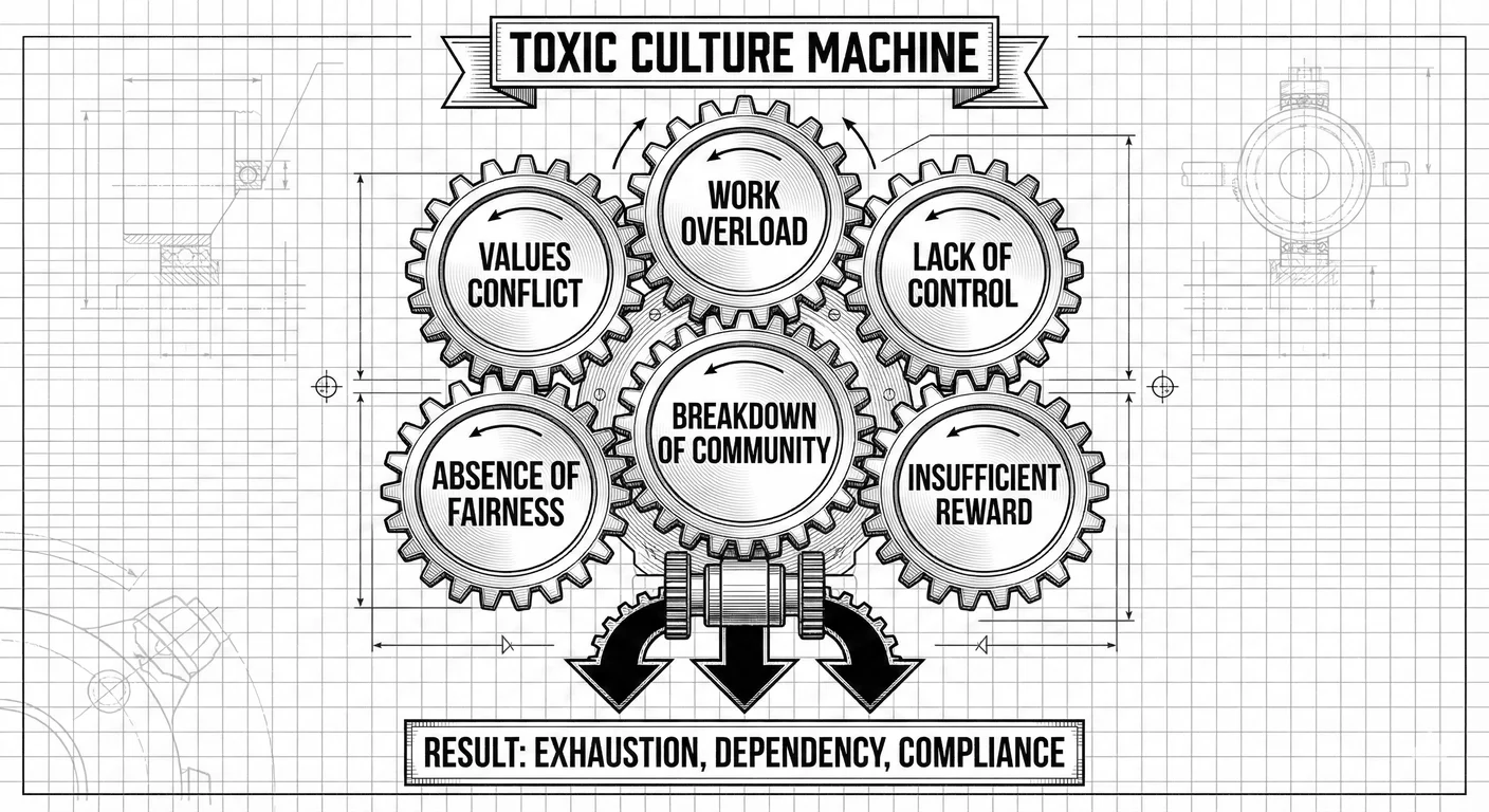 Six interconnected factors that create toxic workplace cultures. In pathological organisations, thes