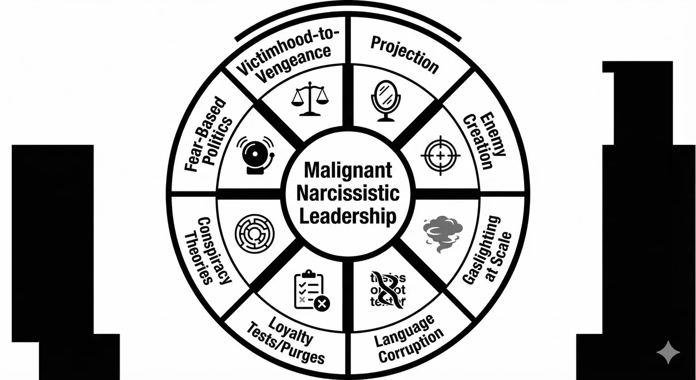 Eight tactics malignant narcissistic leaders deploy. The pattern repeats across cultures and ideolog