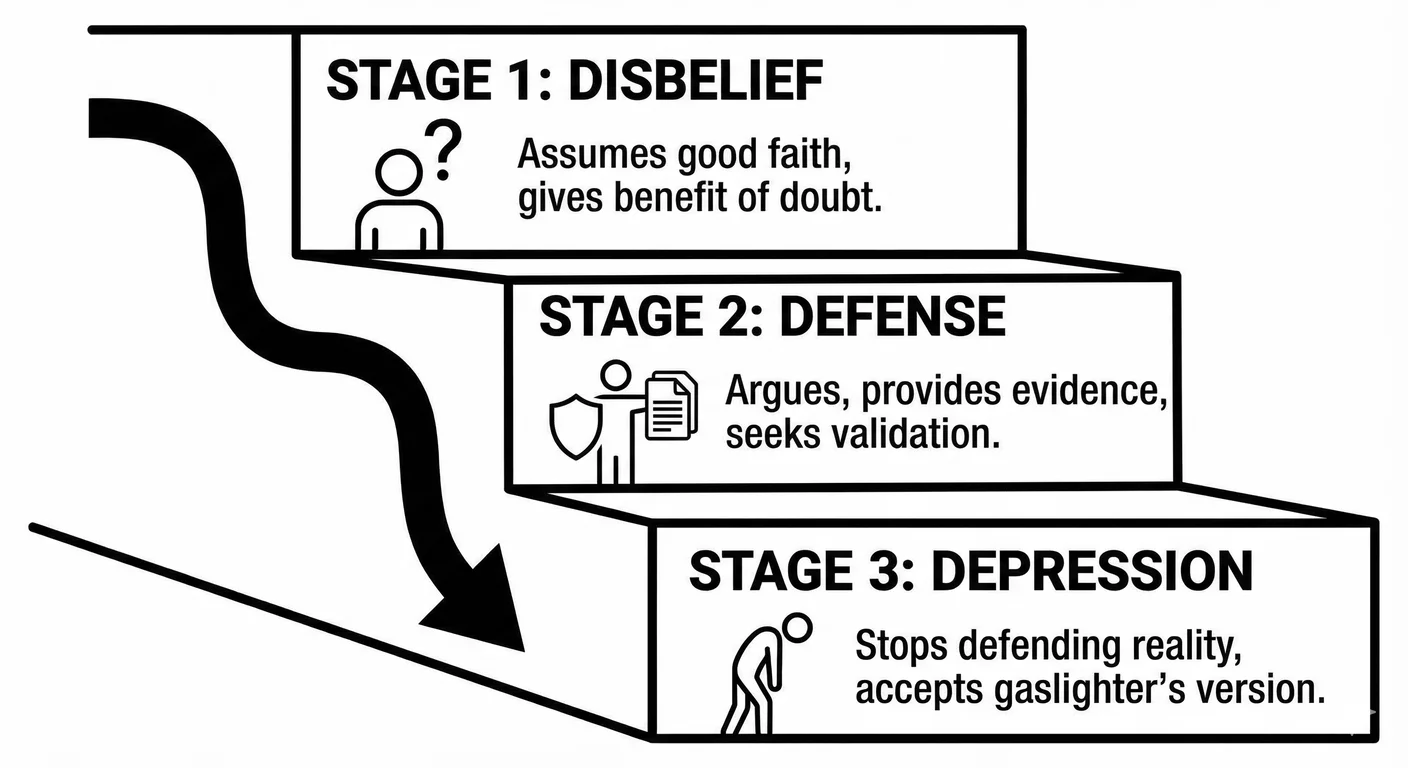 Dr Stern's three stages of gaslighting. The progressive erosion of reality begins with disbelief, es