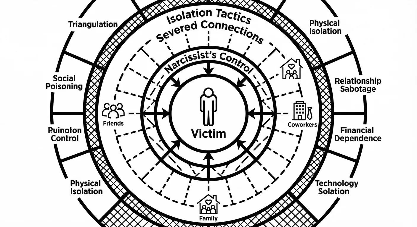 Progressive isolation through multiple tactics. Triangulation, social poisoning, relationship sabota