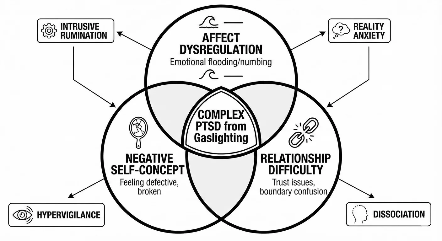 Complex PTSD from gaslighting trauma. Three overlapping symptom domains emerge: disturbances in self