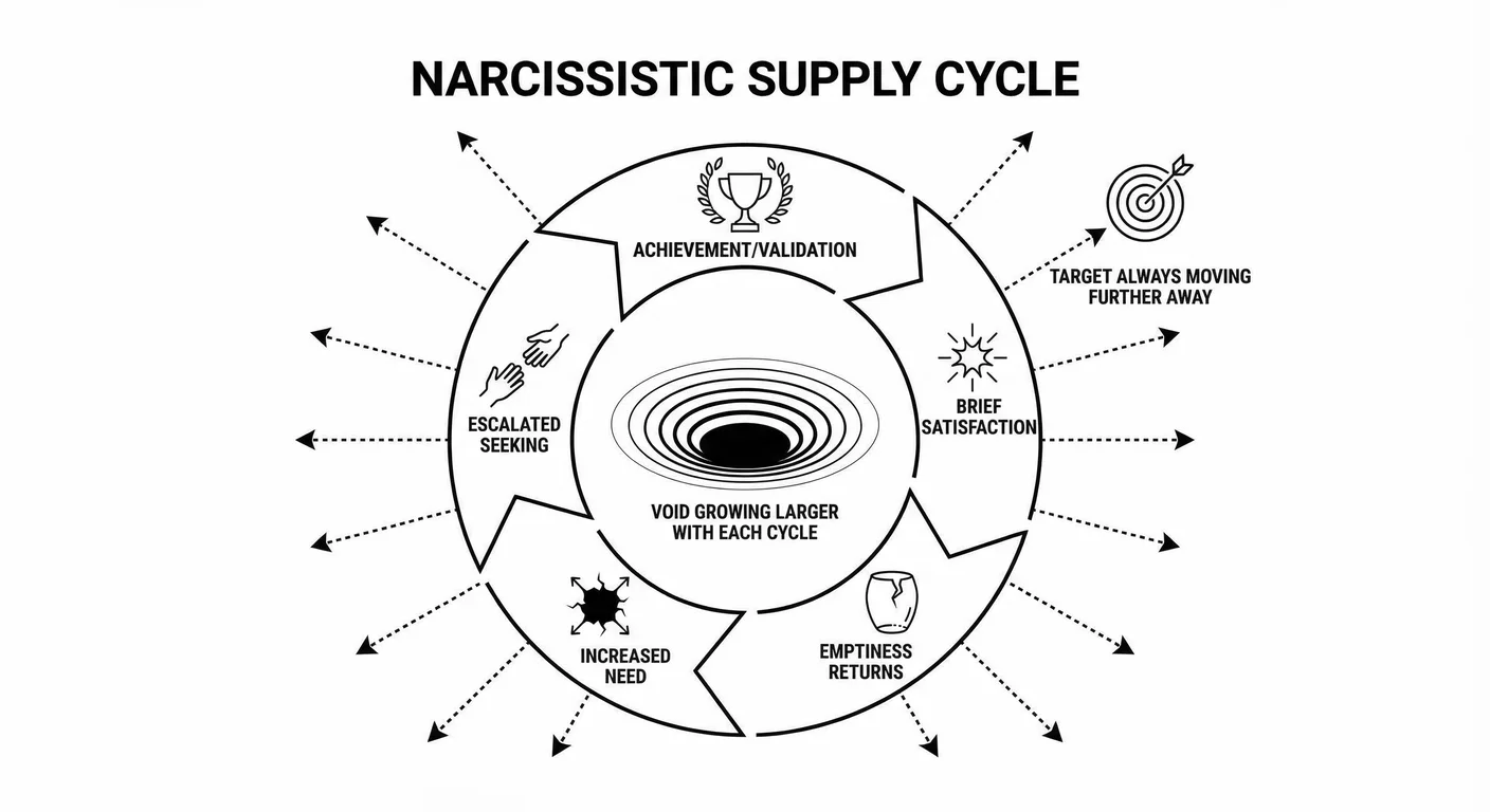 The narcissistic supply cycle showing tolerance development and escalation patterns. Each validation