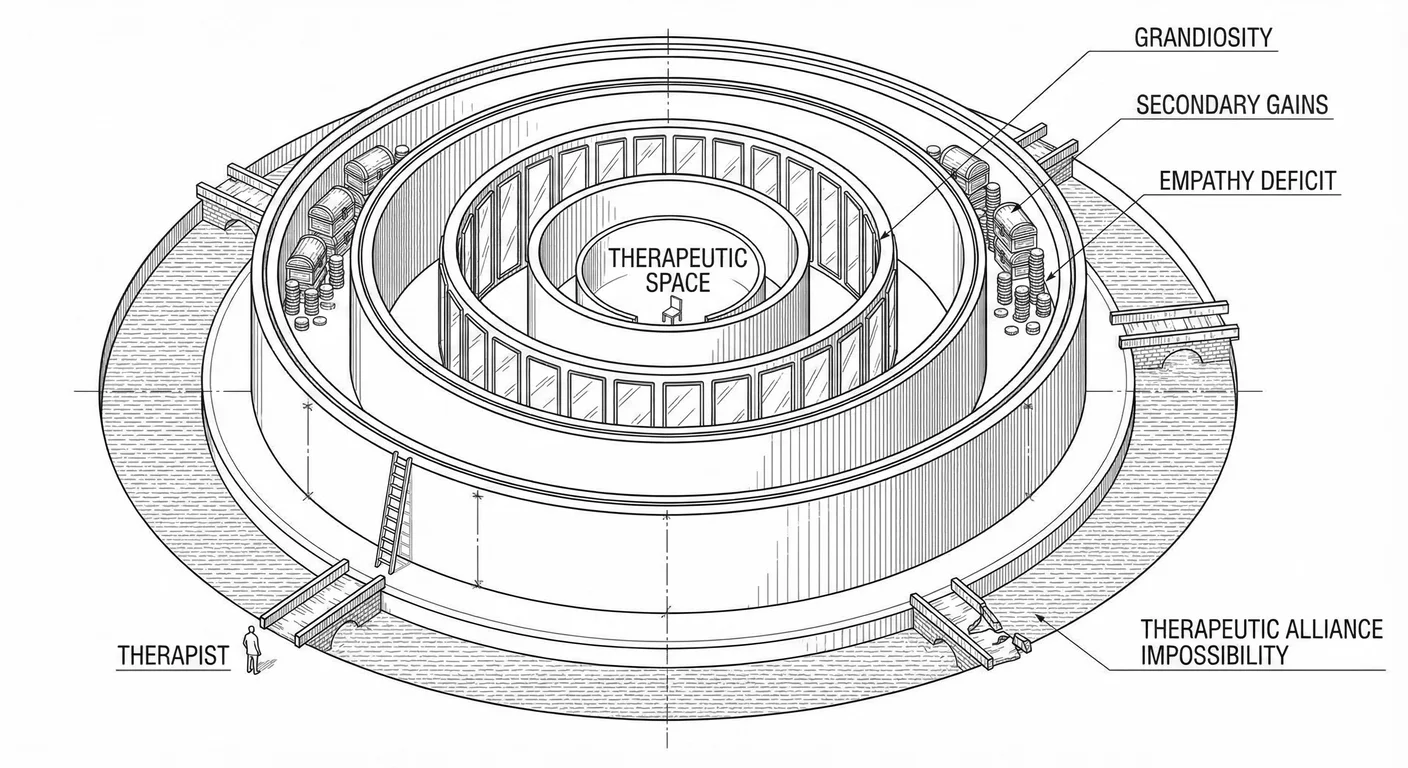 Multiple defensive walls blocking therapeutic access: grandiosity, projection, empathy deficits, and