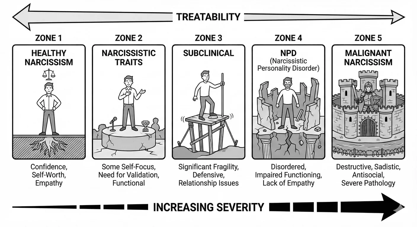 Five zones of narcissism from healthy self-regard through pathological NPD, showing decreasing treat