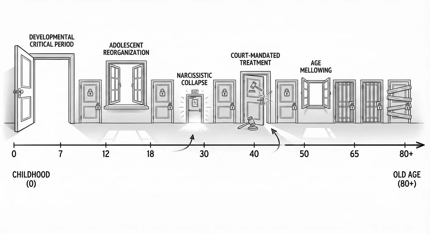 Specific windows when narcissistic defences weaken enough for potential intervention: narcissistic c