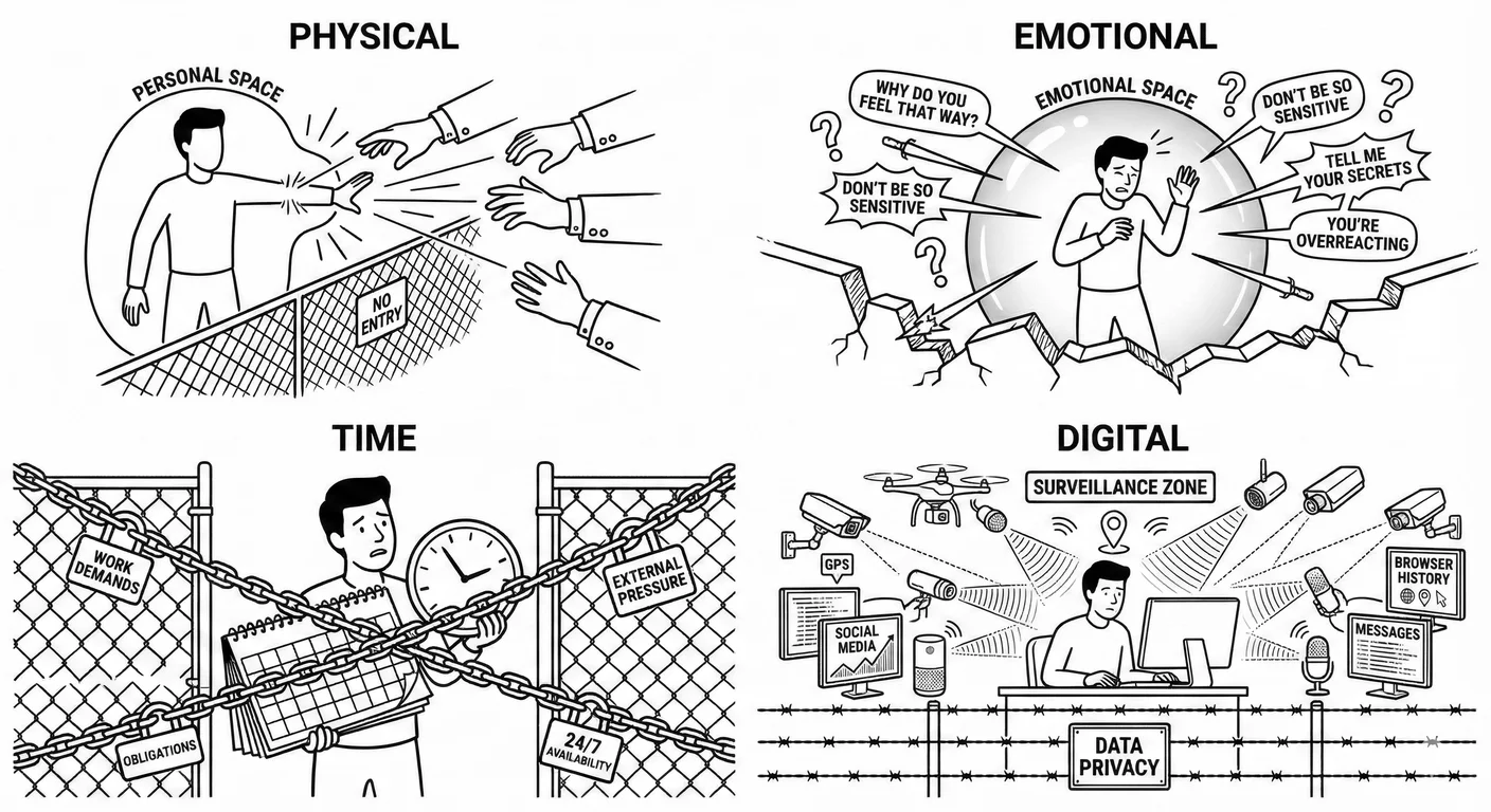Four categories of narcissistic boundary violations: physical space intrusions, emotional access dem
