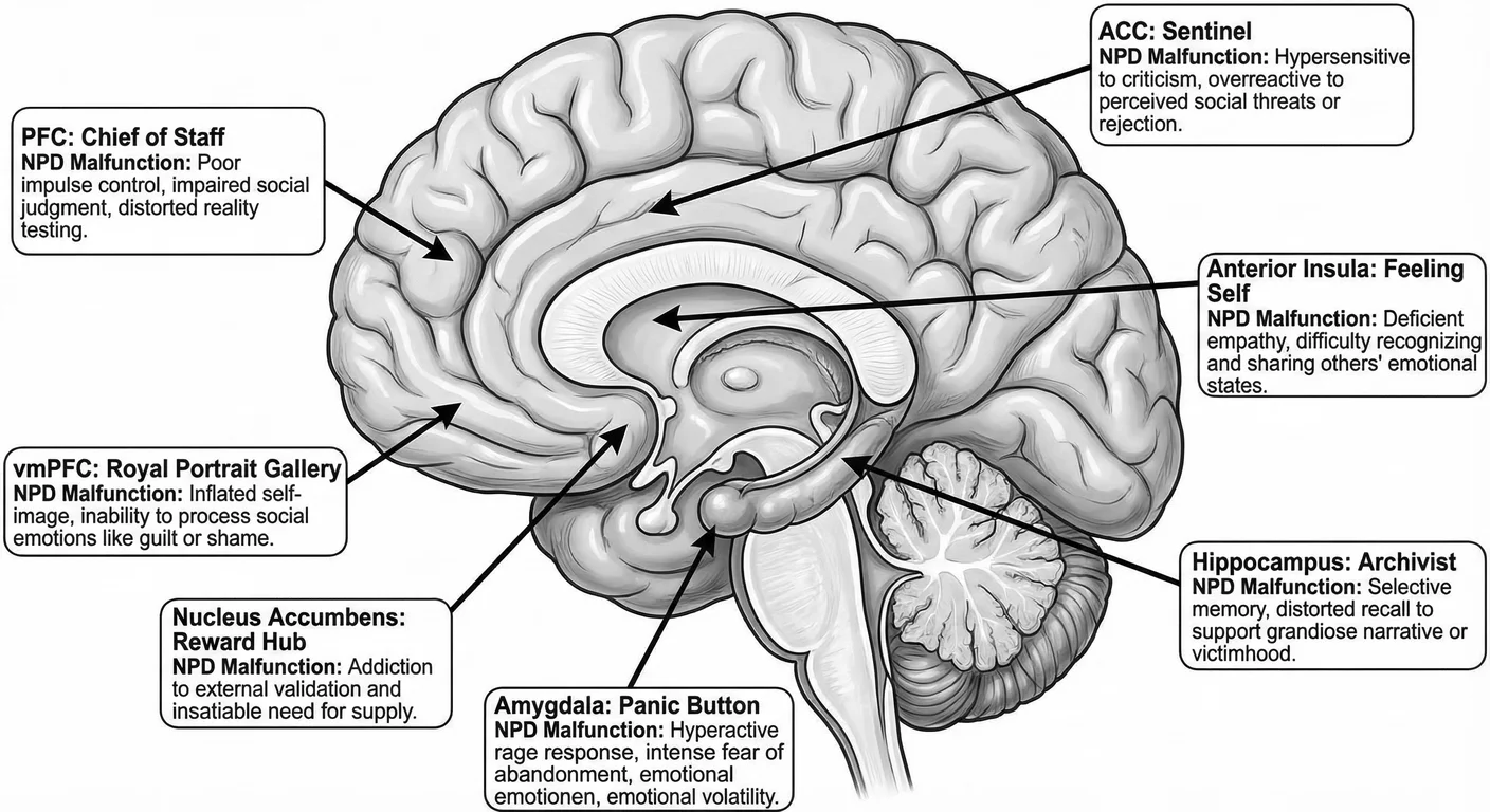 Master visual reference map of brain structures underlying narcissistic patterns: prefrontal cortex 