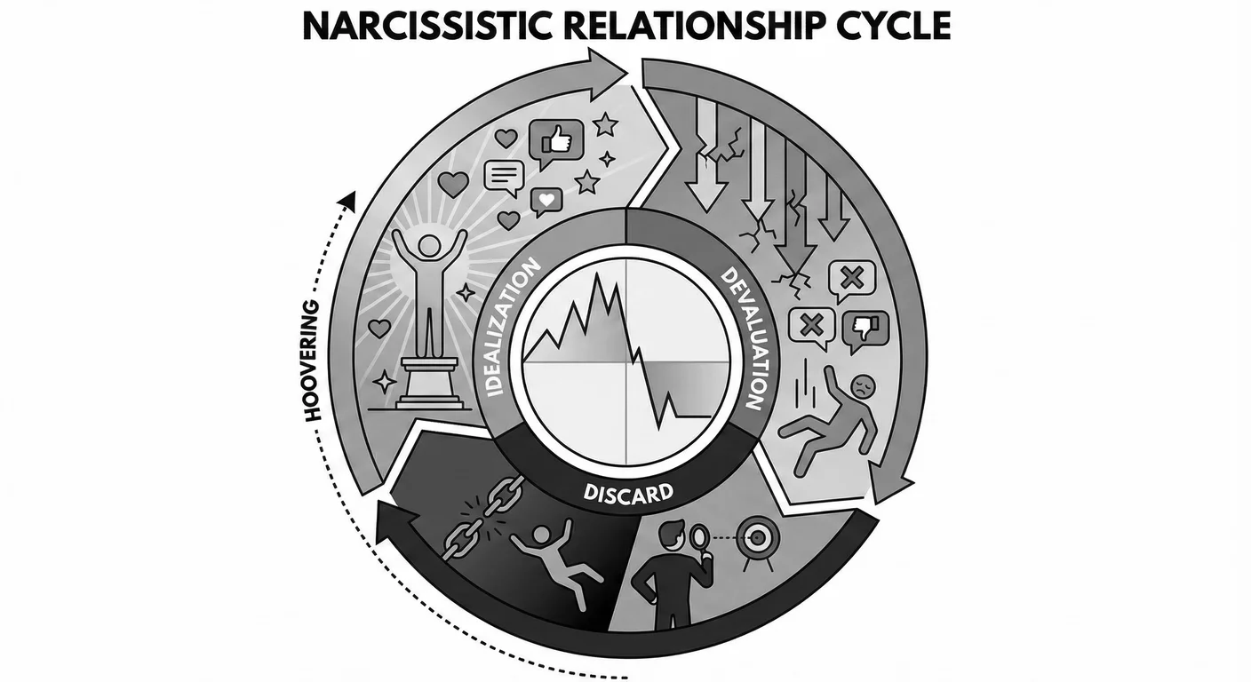 The three-phase narcissistic relationship cycle: idealisation (love bombing, mirroring, future fakin