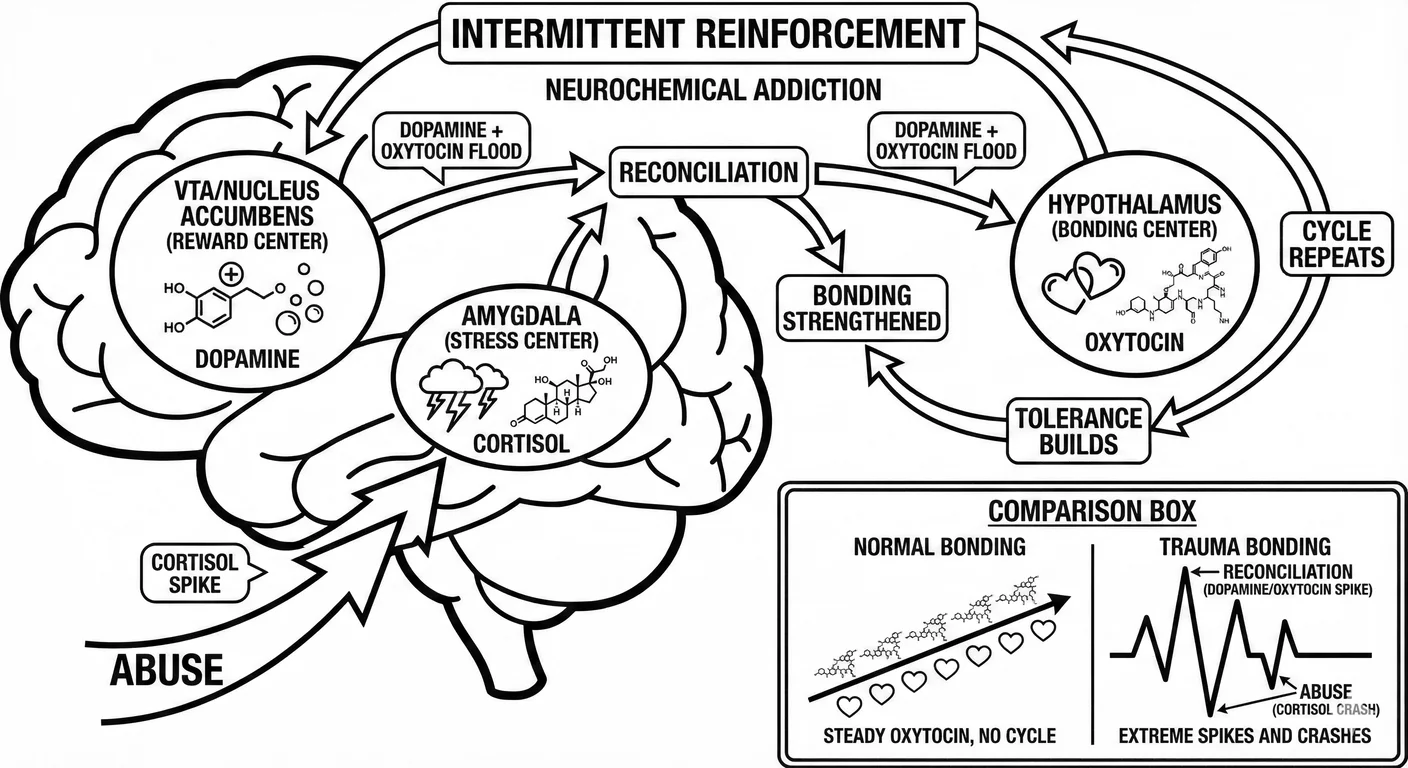 Neurobiological basis of trauma bonding: dopamine surges from intermittent reinforcement, oxytocin r