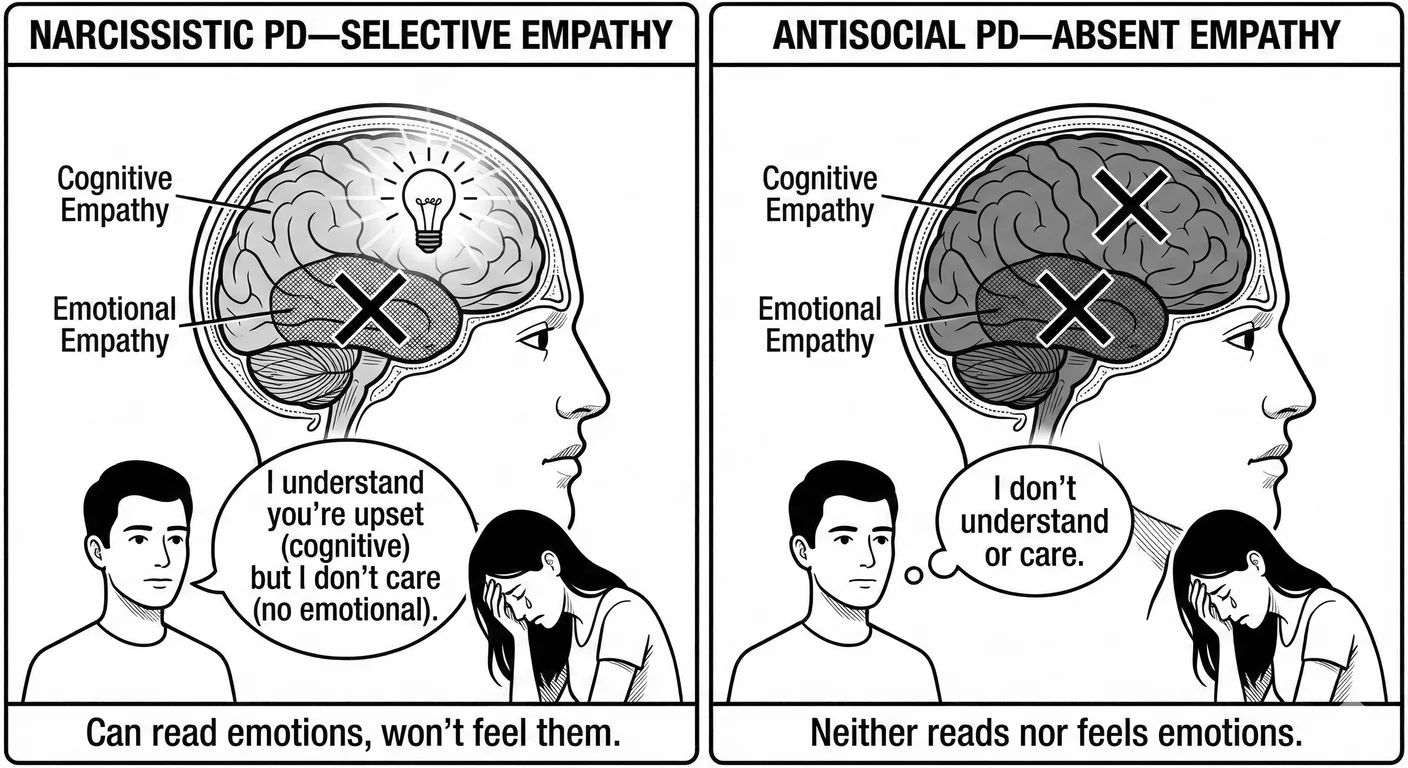 Empathy differences between Narcissistic and Antisocial personality disorders. The narcissist mainta
