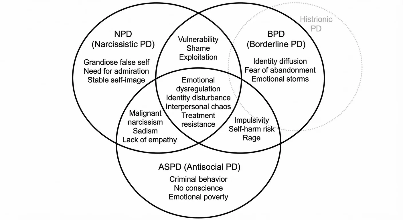 Diagnostic overlap between NPD, BPD, and ASPD. The centre—where all three intersect—shows the shared