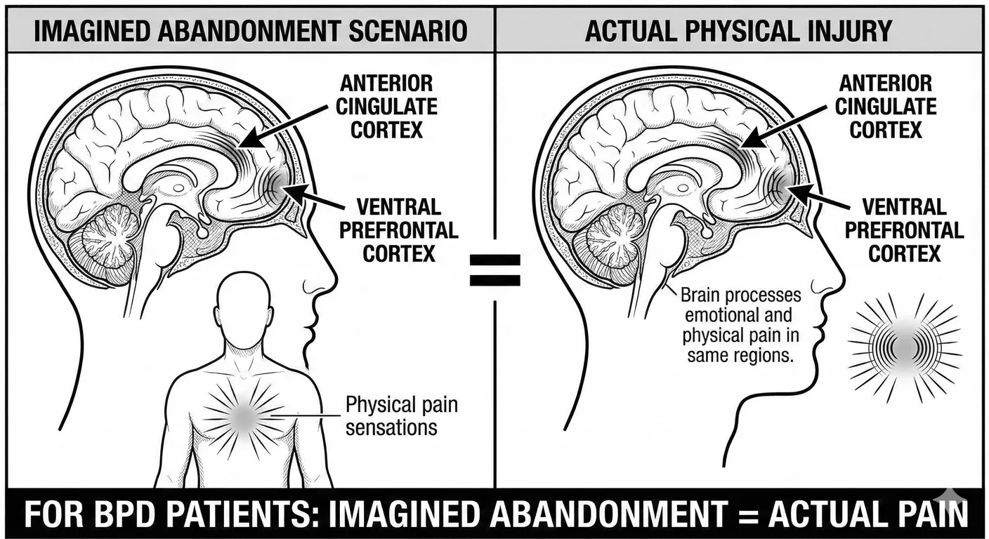 For BPD patients, imagined abandonment equals actual pain. Brain imaging shows identical activation 