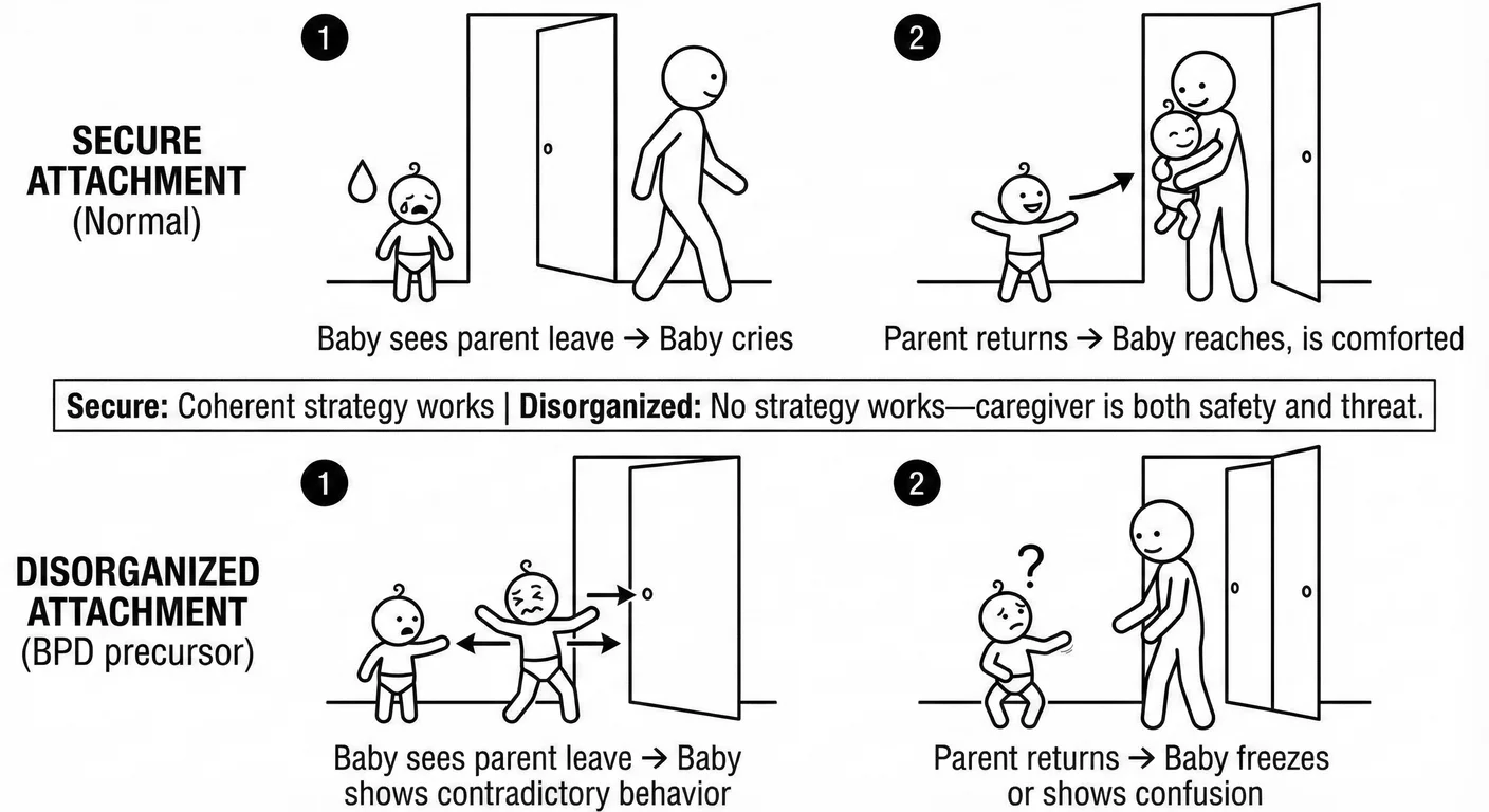 Secure versus disorganised attachment patterns. In secure attachment, the infant has a coherent stra