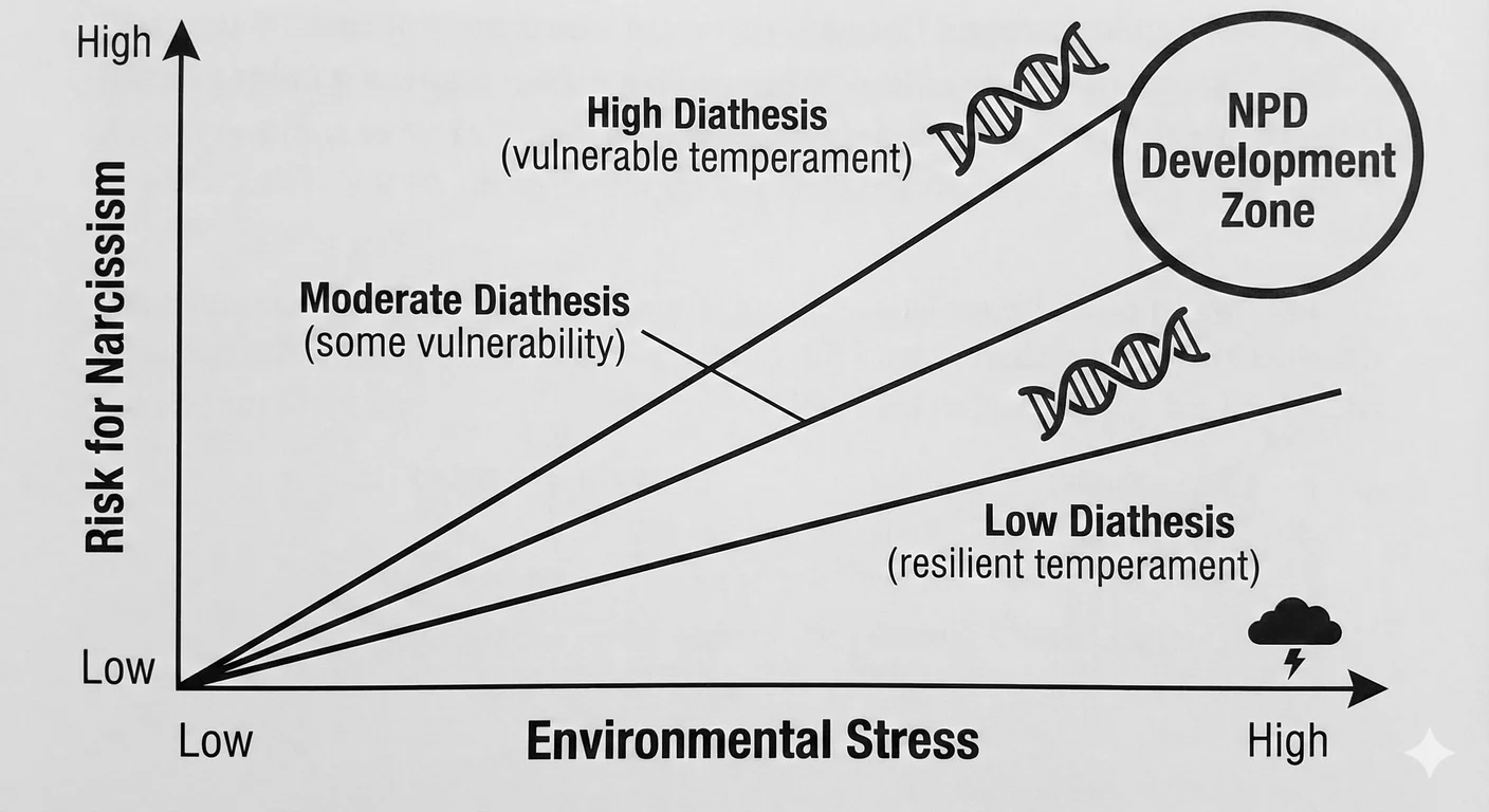 The diathesis-stress model: genetics and environment multiply, not add. Neither vulnerable temperame