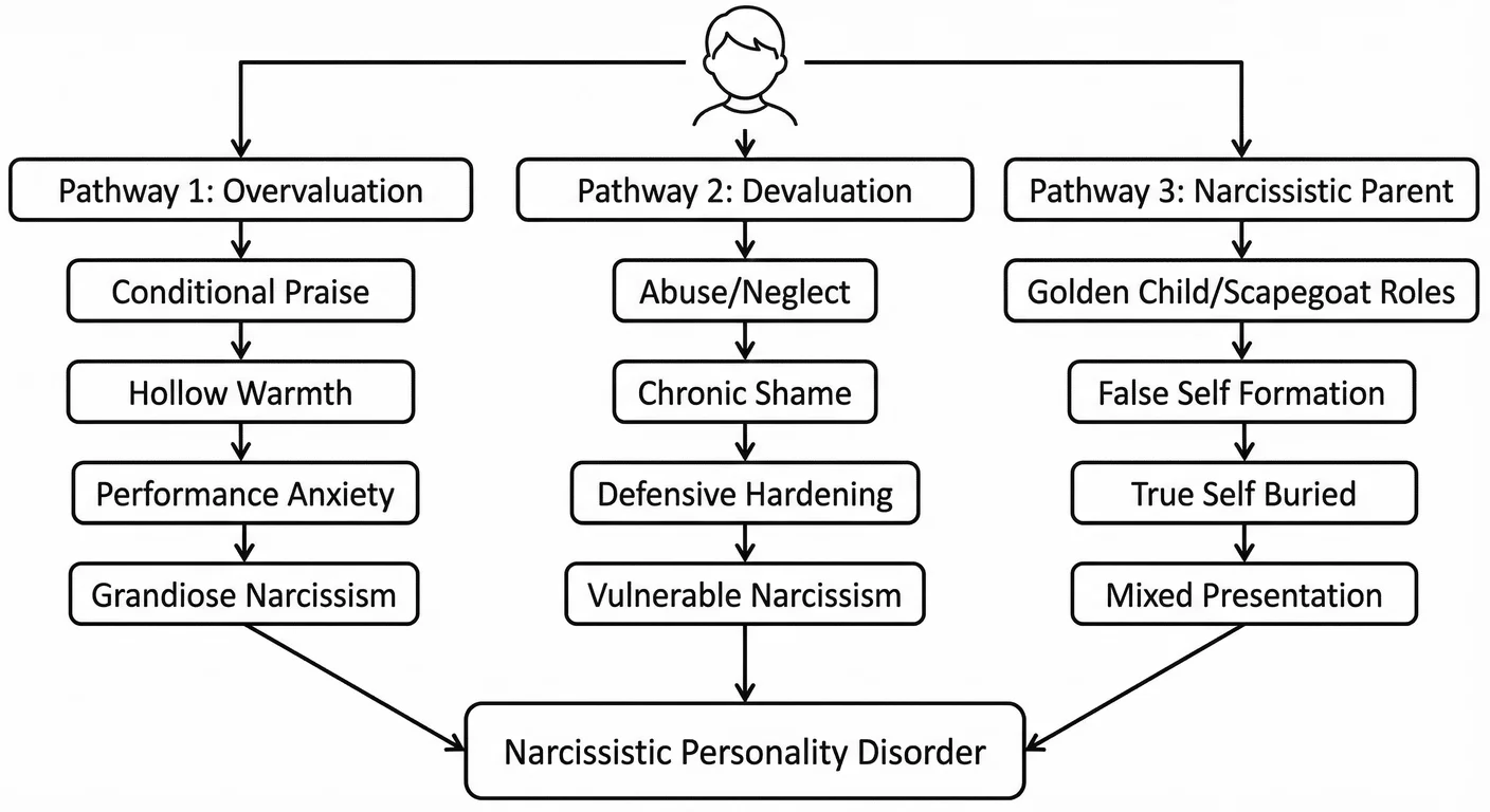 The three developmental pathways to narcissism converge on the same destination through different ro