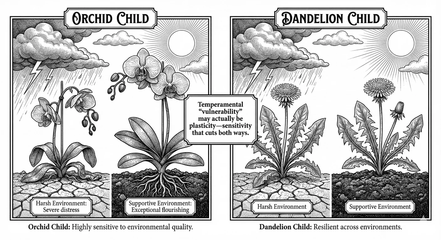 Orchid and dandelion children: differential susceptibility to environment. The orchid child (left) i