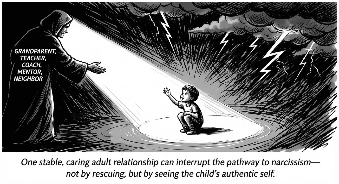One stable, caring adult relationship can interrupt the pathway to narcissism—not by rescuing the ch