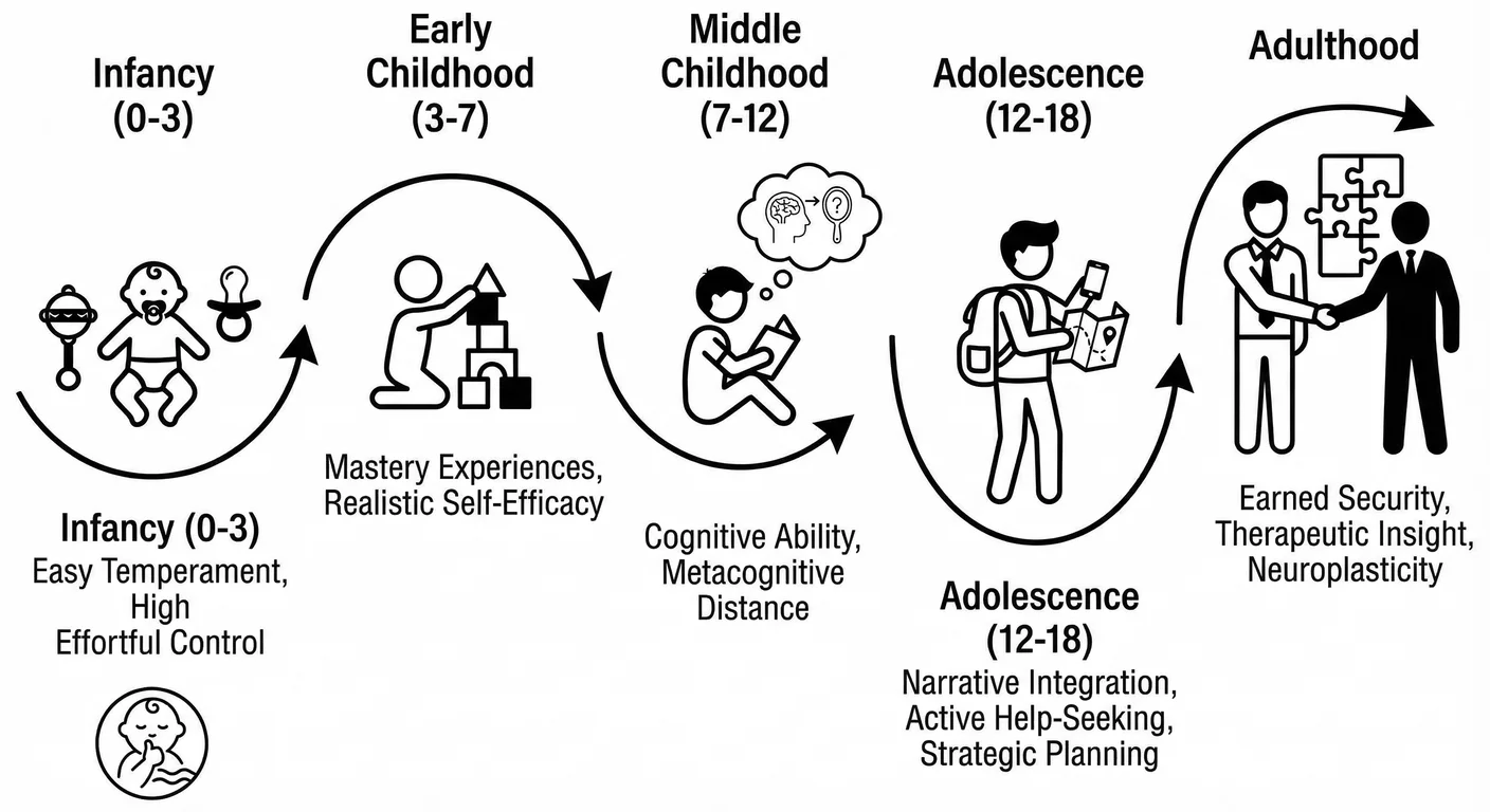 Resilience factors evolve across development. Infancy (0–3): easy temperament, high effortful contro
