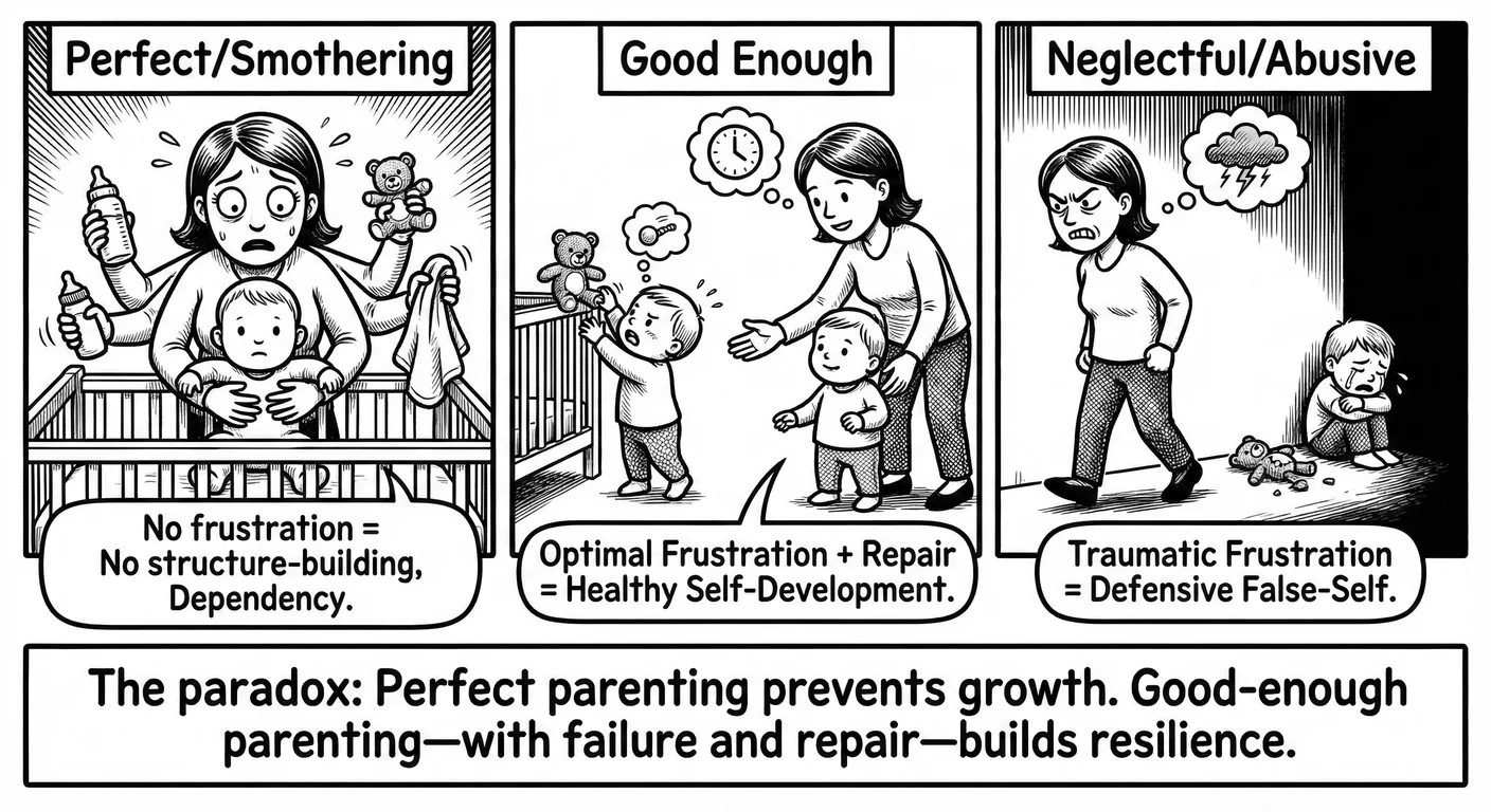 The paradox of parenting: perfect parenting prevents growth. Left: Perfect/smothering parenting, whe