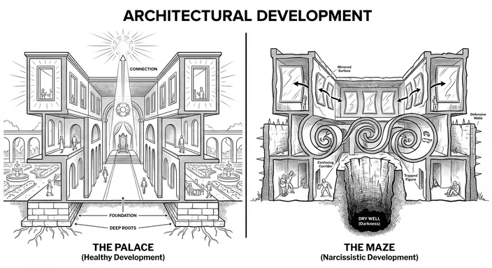 The dual architecture of consciousness: The Palace (left) represents healthy integration—open window