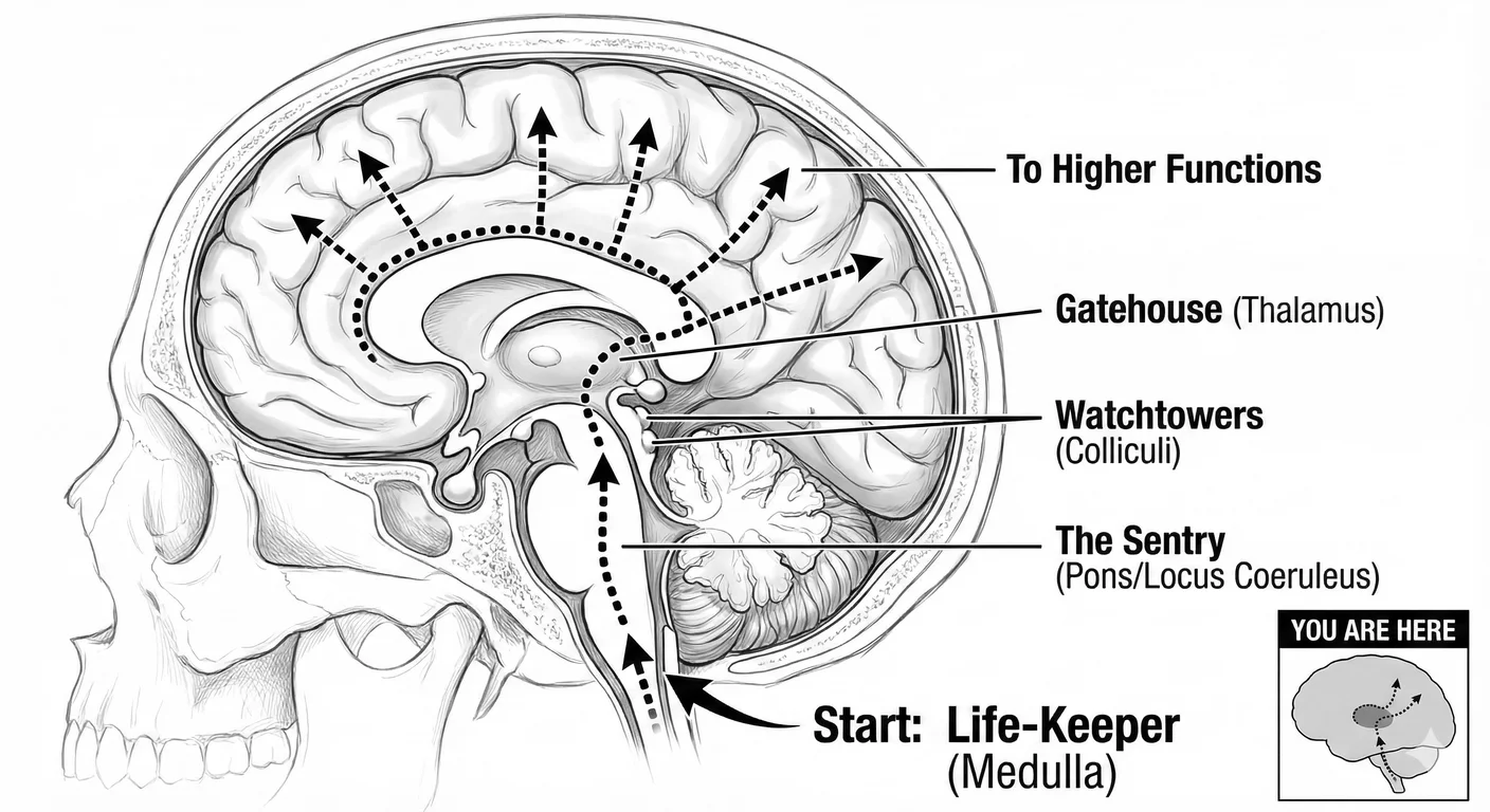 Wayfinding diagram through the brain tour. From the brainstem's foundations (medulla and pons), thro