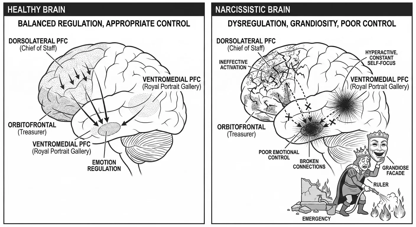 The Exhausted Ruler—prefrontal cortex executive control under siege. The vmPFC (Royal Portrait Galle