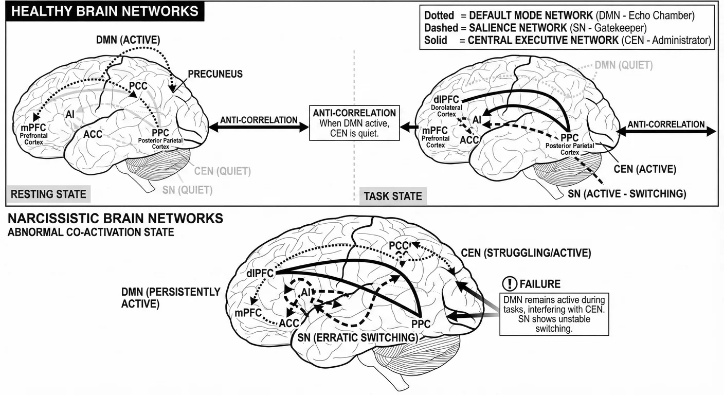 Three networks failing to coordinate in NPD. The Default Mode Network (DMN, self-focus), Salience Ne