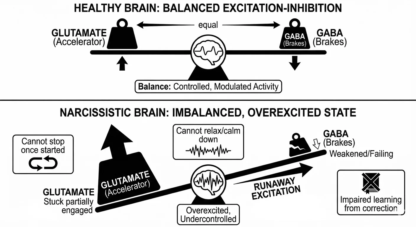 GABA:Glutamate inhibition-excitation imbalance in NPD. In healthy brains (left), GABA (braking) and 