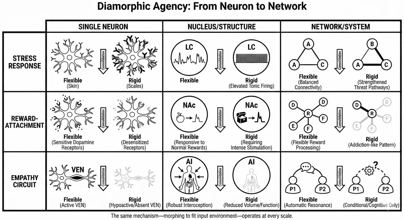Diamorphic agency from neuron to network. The same principle—systems morphing to fit available input