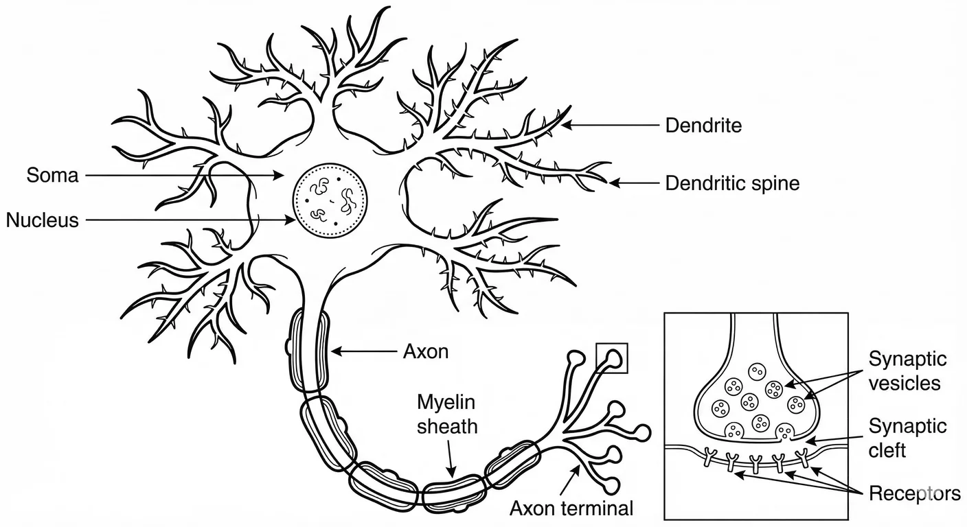 Basic neuronal architecture. The neuron receives input through dendrites, integrates signals in the 