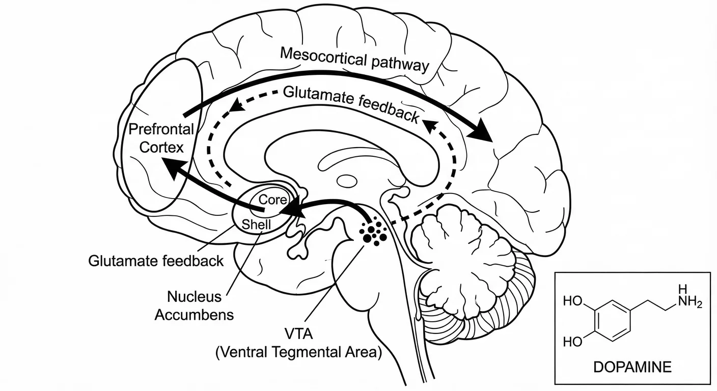 The mesolimbic reward pathway. Dopamine neurons in the VTA project to the nucleus accumbens and pref